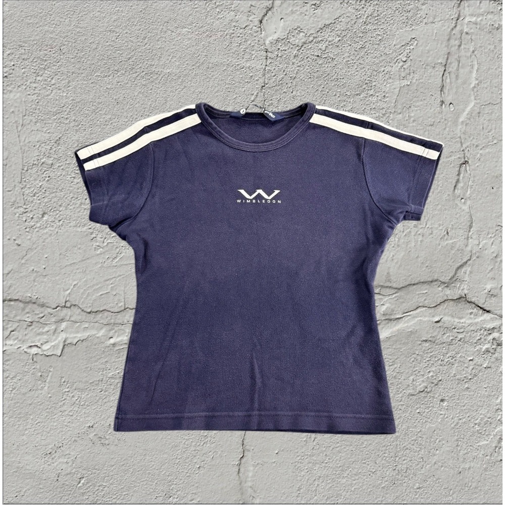 Y2K Sporty Wimbledon Navy Baby Tee Stripe Shoulder Fitted Cotton Top - Picture 4 of 7